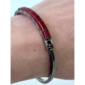 Vintage Mexican Sterling Silver Hinged Bracelet with Jasper Inlay